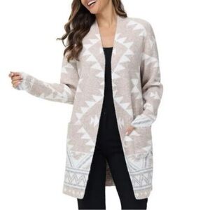 FRYE NWOT Tan and Cream Jacquard Long Open Cardigan Size M Cowboy Core Western